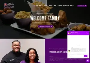 Aunt Bill's Soul Food Cafe website homepage with owners and the Maya AI chat assistant, managed by My SMB Marketing Hub
